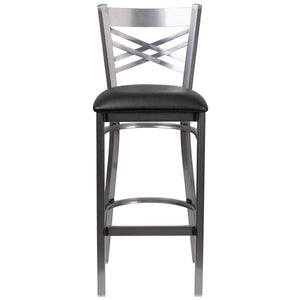 English Elm HERCULES Series Silver Antique Finish "X" Back Metal Barstool for Restaurants and Home Use Black Vinyl Seat/Clear Coated Metal Frame XU-6F8B-CLR-BAR-BLKV-GG