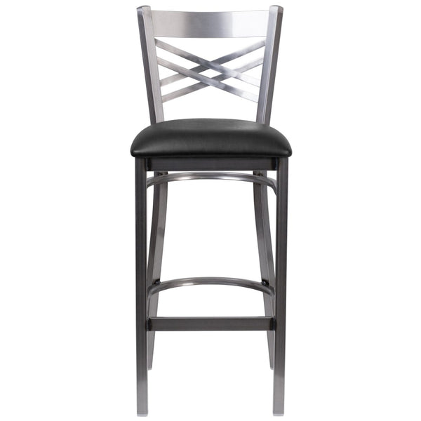 English Elm HERCULES Series Silver Antique Finish "X" Back Metal Barstool for Restaurants and Home Use Black Vinyl Seat/Clear Coated Metal Frame XU-6F8B-CLR-BAR-BLKV-GG