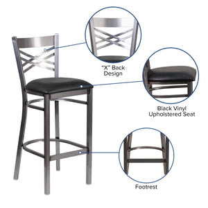 English Elm HERCULES Series Silver Antique Finish "X" Back Metal Barstool for Restaurants and Home Use Black Vinyl Seat/Clear Coated Metal Frame XU-6F8B-CLR-BAR-BLKV-GG