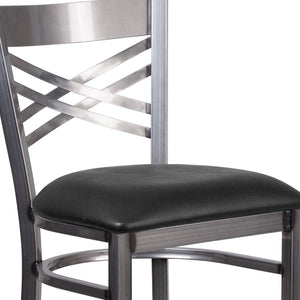 English Elm HERCULES Series Silver Antique Finish "X" Back Metal Barstool for Restaurants and Home Use Black Vinyl Seat/Clear Coated Metal Frame XU-6F8B-CLR-BAR-BLKV-GG