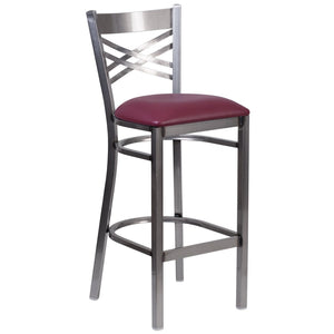 English Elm HERCULES Series Silver Antique Finish "X" Back Metal Barstool for Restaurants and Home Use Burgundy Vinyl Seat/Clear Coated Metal Frame XU-6F8B-CLR-BAR-BURV-GG