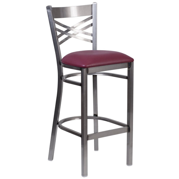 English Elm HERCULES Series Silver Antique Finish "X" Back Metal Barstool for Restaurants and Home Use Burgundy Vinyl Seat/Clear Coated Metal Frame XU-6F8B-CLR-BAR-BURV-GG
