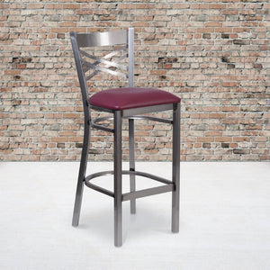 English Elm HERCULES Series Silver Antique Finish "X" Back Metal Barstool for Restaurants and Home Use Burgundy Vinyl Seat/Clear Coated Metal Frame XU-6F8B-CLR-BAR-BURV-GG