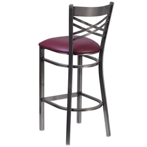 English Elm HERCULES Series Silver Antique Finish "X" Back Metal Barstool for Restaurants and Home Use Burgundy Vinyl Seat/Clear Coated Metal Frame XU-6F8B-CLR-BAR-BURV-GG