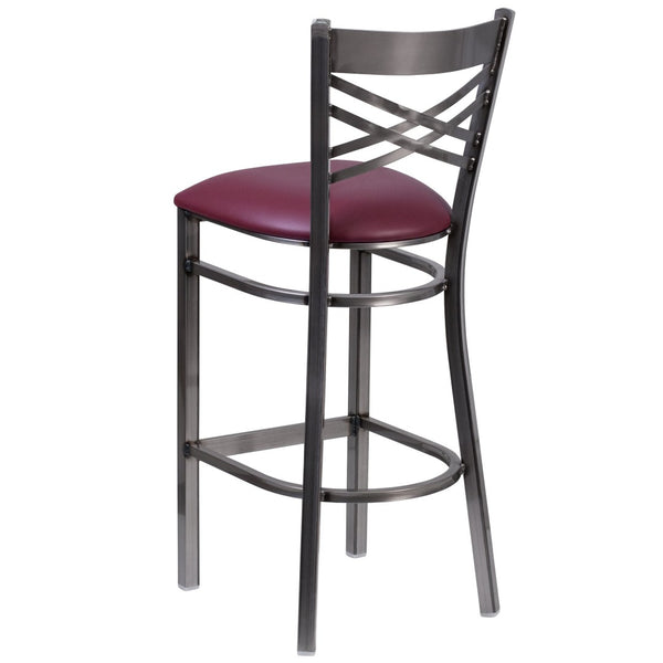 English Elm HERCULES Series Silver Antique Finish "X" Back Metal Barstool for Restaurants and Home Use Burgundy Vinyl Seat/Clear Coated Metal Frame XU-6F8B-CLR-BAR-BURV-GG