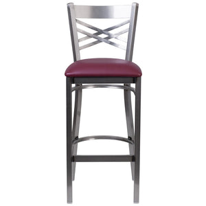 English Elm HERCULES Series Silver Antique Finish "X" Back Metal Barstool for Restaurants and Home Use Burgundy Vinyl Seat/Clear Coated Metal Frame XU-6F8B-CLR-BAR-BURV-GG