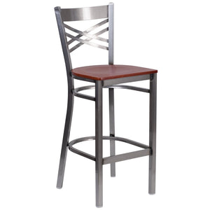 English Elm HERCULES Series Silver Antique Finish "X" Back Metal Barstool for Restaurants and Home Use Cherry Wood Seat/Clear Coated Metal Frame XU-6F8B-CLR-BAR-CHYW-GG