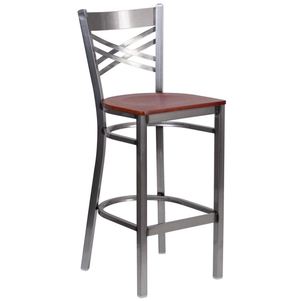 English Elm HERCULES Series Silver Antique Finish "X" Back Metal Barstool for Restaurants and Home Use Cherry Wood Seat/Clear Coated Metal Frame XU-6F8B-CLR-BAR-CHYW-GG