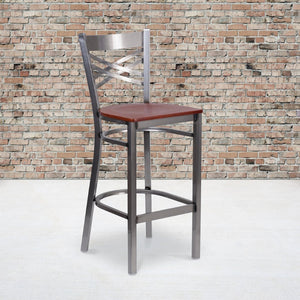 English Elm HERCULES Series Silver Antique Finish "X" Back Metal Barstool for Restaurants and Home Use Cherry Wood Seat/Clear Coated Metal Frame XU-6F8B-CLR-BAR-CHYW-GG