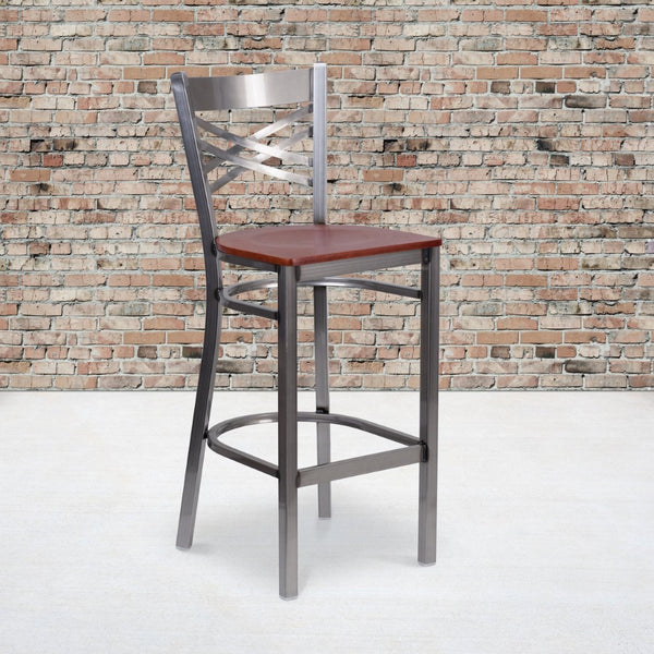 English Elm HERCULES Series Silver Antique Finish "X" Back Metal Barstool for Restaurants and Home Use Cherry Wood Seat/Clear Coated Metal Frame XU-6F8B-CLR-BAR-CHYW-GG