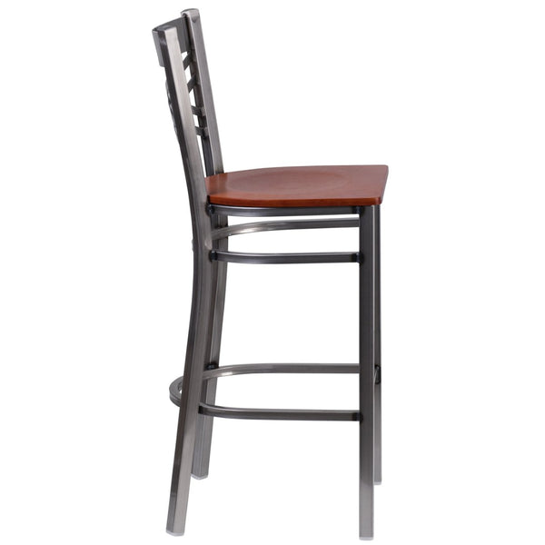 English Elm HERCULES Series Silver Antique Finish "X" Back Metal Barstool for Restaurants and Home Use Cherry Wood Seat/Clear Coated Metal Frame XU-6F8B-CLR-BAR-CHYW-GG