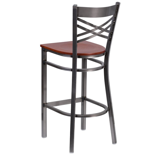 English Elm HERCULES Series Silver Antique Finish "X" Back Metal Barstool for Restaurants and Home Use Cherry Wood Seat/Clear Coated Metal Frame XU-6F8B-CLR-BAR-CHYW-GG