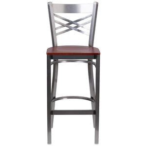 English Elm HERCULES Series Silver Antique Finish "X" Back Metal Barstool for Restaurants and Home Use Cherry Wood Seat/Clear Coated Metal Frame XU-6F8B-CLR-BAR-CHYW-GG