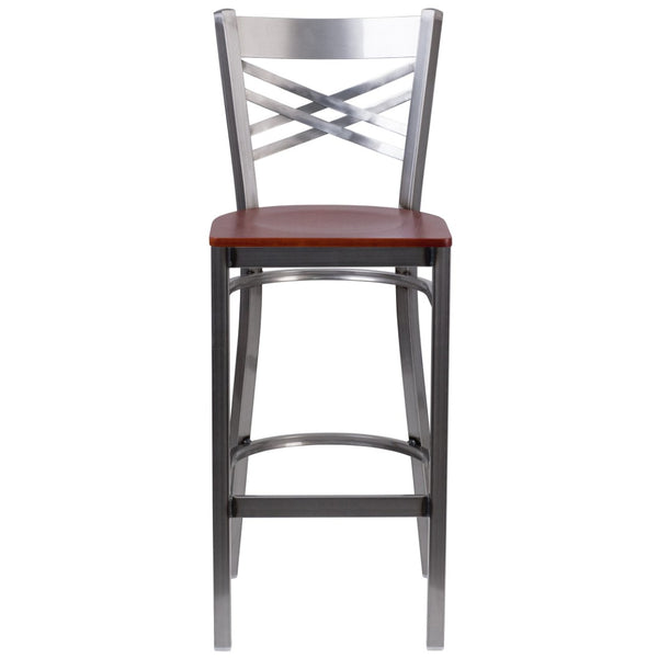 English Elm HERCULES Series Silver Antique Finish "X" Back Metal Barstool for Restaurants and Home Use Cherry Wood Seat/Clear Coated Metal Frame XU-6F8B-CLR-BAR-CHYW-GG