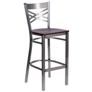 English Elm HERCULES Series Silver Antique Finish "X" Back Metal Barstool for Restaurants and Home Use Mahogany Wood Seat/Clear Coated Metal Frame XU-6F8B-CLR-BAR-MAHW-GG
