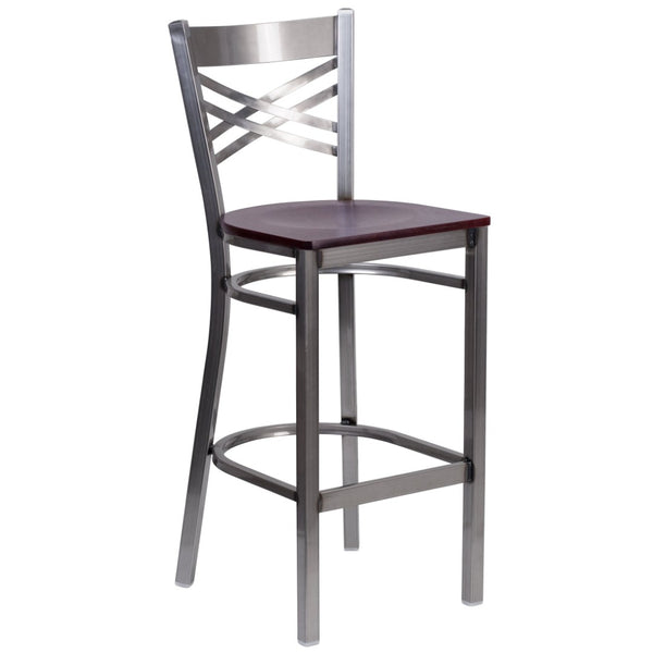 English Elm HERCULES Series Silver Antique Finish "X" Back Metal Barstool for Restaurants and Home Use Mahogany Wood Seat/Clear Coated Metal Frame XU-6F8B-CLR-BAR-MAHW-GG
