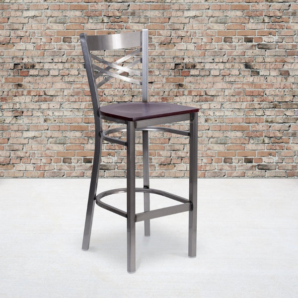 English Elm HERCULES Series Silver Antique Finish "X" Back Metal Barstool for Restaurants and Home Use Mahogany Wood Seat/Clear Coated Metal Frame XU-6F8B-CLR-BAR-MAHW-GG