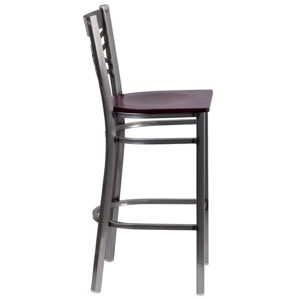 English Elm HERCULES Series Silver Antique Finish "X" Back Metal Barstool for Restaurants and Home Use Mahogany Wood Seat/Clear Coated Metal Frame XU-6F8B-CLR-BAR-MAHW-GG