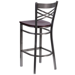 English Elm HERCULES Series Silver Antique Finish "X" Back Metal Barstool for Restaurants and Home Use Mahogany Wood Seat/Clear Coated Metal Frame XU-6F8B-CLR-BAR-MAHW-GG