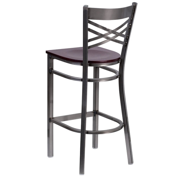 English Elm HERCULES Series Silver Antique Finish "X" Back Metal Barstool for Restaurants and Home Use Mahogany Wood Seat/Clear Coated Metal Frame XU-6F8B-CLR-BAR-MAHW-GG