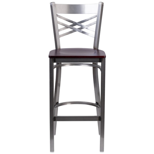English Elm HERCULES Series Silver Antique Finish "X" Back Metal Barstool for Restaurants and Home Use Mahogany Wood Seat/Clear Coated Metal Frame XU-6F8B-CLR-BAR-MAHW-GG