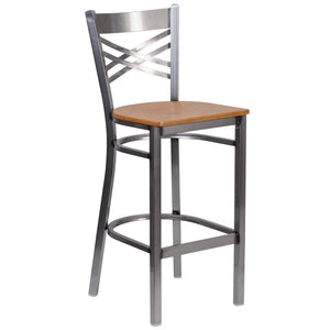 English Elm HERCULES Series Silver Antique Finish "X" Back Metal Barstool for Restaurants and Home Use Natural Wood Seat/Clear Coated Metal Frame XU-6F8B-CLR-BAR-NATW-GG