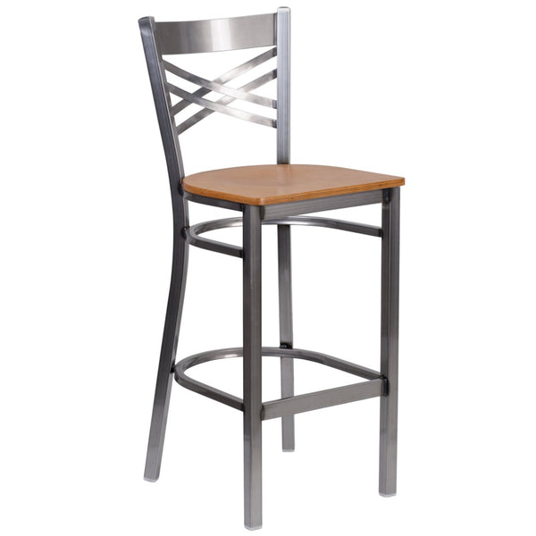 English Elm HERCULES Series Silver Antique Finish "X" Back Metal Barstool for Restaurants and Home Use Natural Wood Seat/Clear Coated Metal Frame XU-6F8B-CLR-BAR-NATW-GG