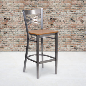 English Elm HERCULES Series Silver Antique Finish "X" Back Metal Barstool for Restaurants and Home Use Natural Wood Seat/Clear Coated Metal Frame XU-6F8B-CLR-BAR-NATW-GG