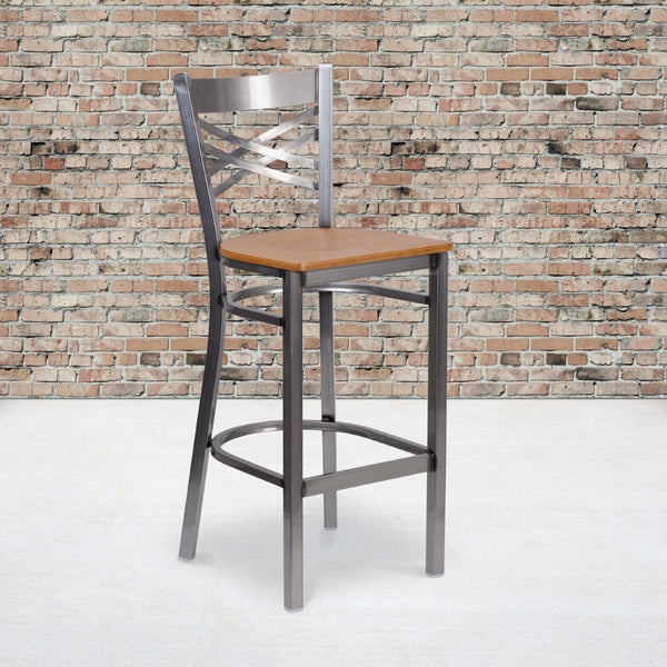 English Elm HERCULES Series Silver Antique Finish "X" Back Metal Barstool for Restaurants and Home Use Natural Wood Seat/Clear Coated Metal Frame XU-6F8B-CLR-BAR-NATW-GG