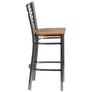 English Elm HERCULES Series Silver Antique Finish "X" Back Metal Barstool for Restaurants and Home Use Natural Wood Seat/Clear Coated Metal Frame XU-6F8B-CLR-BAR-NATW-GG