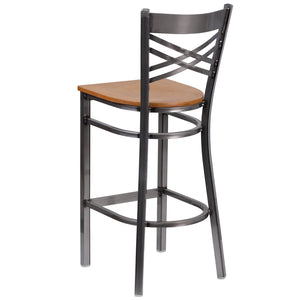 English Elm HERCULES Series Silver Antique Finish "X" Back Metal Barstool for Restaurants and Home Use Natural Wood Seat/Clear Coated Metal Frame XU-6F8B-CLR-BAR-NATW-GG