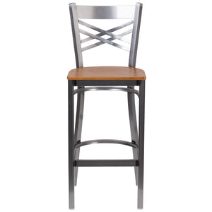 English Elm HERCULES Series Silver Antique Finish "X" Back Metal Barstool for Restaurants and Home Use Natural Wood Seat/Clear Coated Metal Frame XU-6F8B-CLR-BAR-NATW-GG