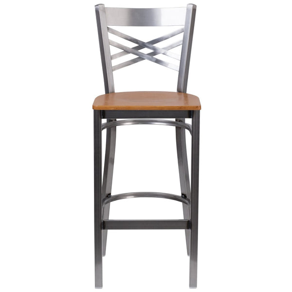 English Elm HERCULES Series Silver Antique Finish "X" Back Metal Barstool for Restaurants and Home Use Natural Wood Seat/Clear Coated Metal Frame XU-6F8B-CLR-BAR-NATW-GG