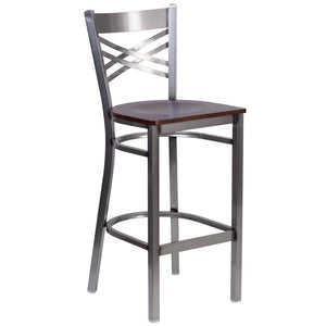 English Elm HERCULES Series Silver Antique Finish "X" Back Metal Barstool for Restaurants and Home Use Walnut Wood Seat/Clear Coated Metal Frame XU-6F8B-CLR-BAR-WALW-GG