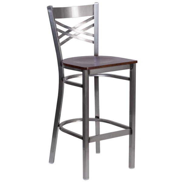 English Elm HERCULES Series Silver Antique Finish "X" Back Metal Barstool for Restaurants and Home Use Walnut Wood Seat/Clear Coated Metal Frame XU-6F8B-CLR-BAR-WALW-GG