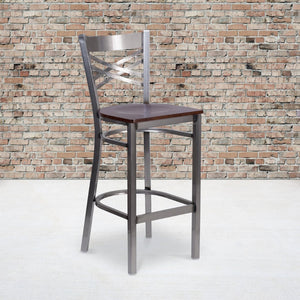 English Elm HERCULES Series Silver Antique Finish "X" Back Metal Barstool for Restaurants and Home Use Walnut Wood Seat/Clear Coated Metal Frame XU-6F8B-CLR-BAR-WALW-GG