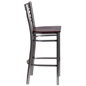 English Elm HERCULES Series Silver Antique Finish "X" Back Metal Barstool for Restaurants and Home Use Walnut Wood Seat/Clear Coated Metal Frame XU-6F8B-CLR-BAR-WALW-GG