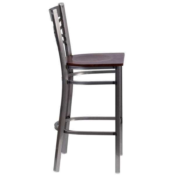 English Elm HERCULES Series Silver Antique Finish "X" Back Metal Barstool for Restaurants and Home Use Walnut Wood Seat/Clear Coated Metal Frame XU-6F8B-CLR-BAR-WALW-GG