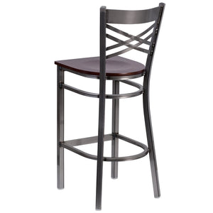 English Elm HERCULES Series Silver Antique Finish "X" Back Metal Barstool for Restaurants and Home Use Walnut Wood Seat/Clear Coated Metal Frame XU-6F8B-CLR-BAR-WALW-GG