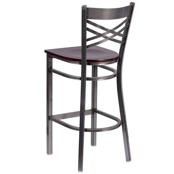 English Elm HERCULES Series Silver Antique Finish "X" Back Metal Barstool for Restaurants and Home Use Walnut Wood Seat/Clear Coated Metal Frame XU-6F8B-CLR-BAR-WALW-GG