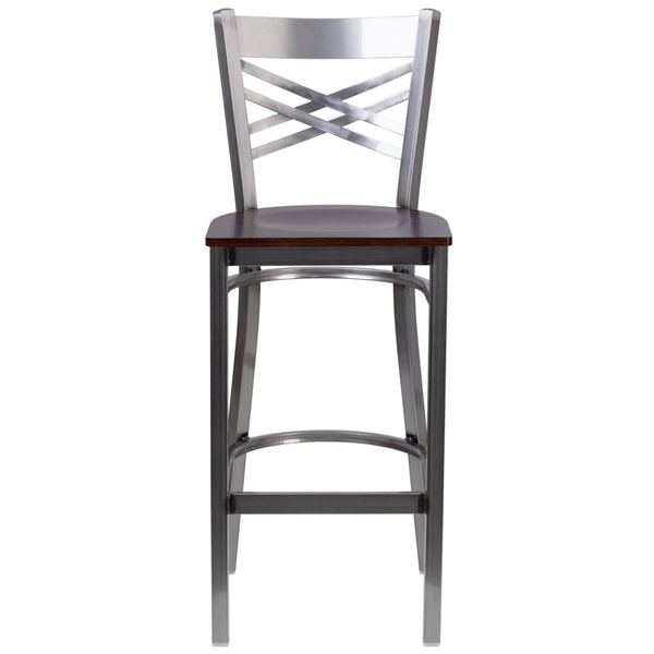 English Elm HERCULES Series Silver Antique Finish "X" Back Metal Barstool for Restaurants and Home Use Walnut Wood Seat/Clear Coated Metal Frame XU-6F8B-CLR-BAR-WALW-GG