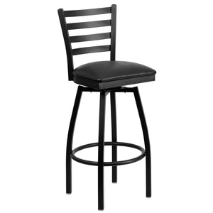 English Elm HERCULES Series Durable Swivel Barstool with Ladder Back Design for Restaurants and Home Use Black Vinyl Seat/Black Metal Frame XU-6F8B-LADSWVL-BLKV-GG