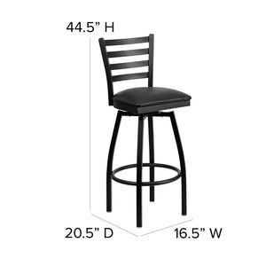 English Elm HERCULES Series Durable Swivel Barstool with Ladder Back Design for Restaurants and Home Use Black Vinyl Seat/Black Metal Frame XU-6F8B-LADSWVL-BLKV-GG