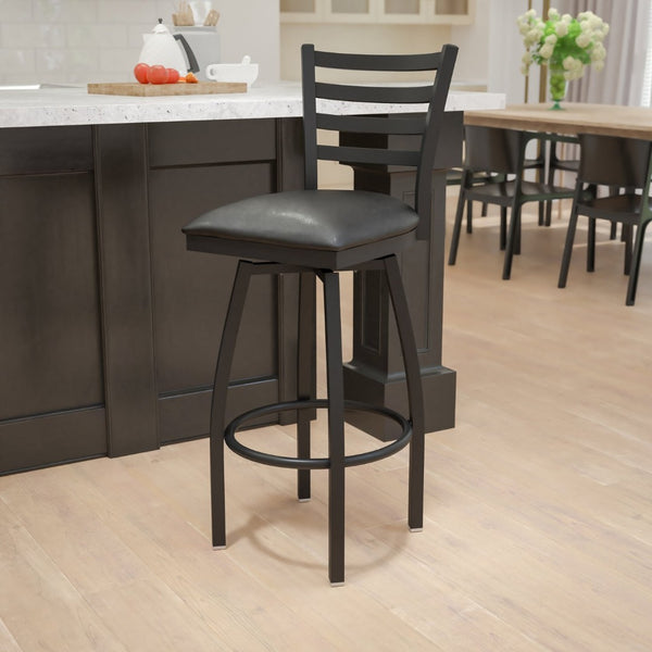English Elm HERCULES Series Durable Swivel Barstool with Ladder Back Design for Restaurants and Home Use Black Vinyl Seat/Black Metal Frame XU-6F8B-LADSWVL-BLKV-GG