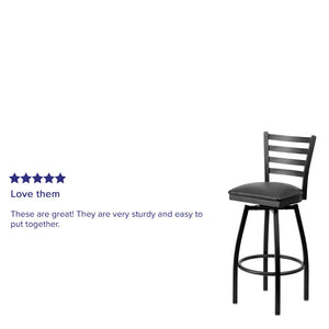 English Elm HERCULES Series Durable Swivel Barstool with Ladder Back Design for Restaurants and Home Use Black Vinyl Seat/Black Metal Frame XU-6F8B-LADSWVL-BLKV-GG
