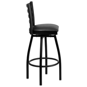 English Elm HERCULES Series Durable Swivel Barstool with Ladder Back Design for Restaurants and Home Use Black Vinyl Seat/Black Metal Frame XU-6F8B-LADSWVL-BLKV-GG