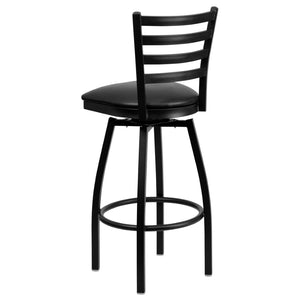 English Elm HERCULES Series Durable Swivel Barstool with Ladder Back Design for Restaurants and Home Use Black Vinyl Seat/Black Metal Frame XU-6F8B-LADSWVL-BLKV-GG