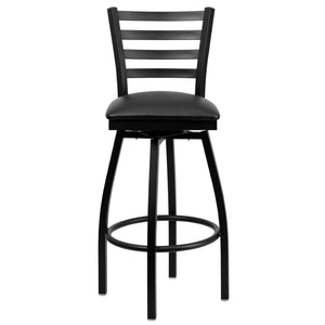 English Elm HERCULES Series Durable Swivel Barstool with Ladder Back Design for Restaurants and Home Use Black Vinyl Seat/Black Metal Frame XU-6F8B-LADSWVL-BLKV-GG