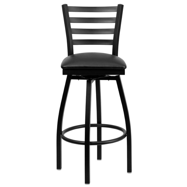 English Elm HERCULES Series Durable Swivel Barstool with Ladder Back Design for Restaurants and Home Use Black Vinyl Seat/Black Metal Frame XU-6F8B-LADSWVL-BLKV-GG