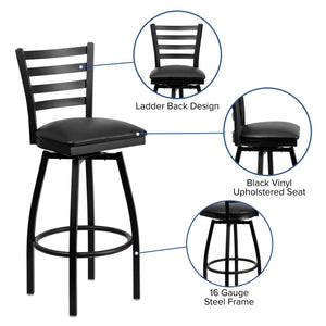 English Elm HERCULES Series Durable Swivel Barstool with Ladder Back Design for Restaurants and Home Use Black Vinyl Seat/Black Metal Frame XU-6F8B-LADSWVL-BLKV-GG